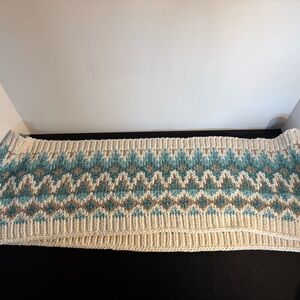 Cream and Teal Knit Scarf with Pattern